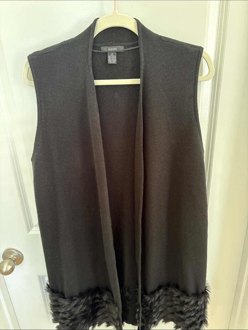 Alfani Black Sleeveless Open-Front Vest with Faux Fur Hem